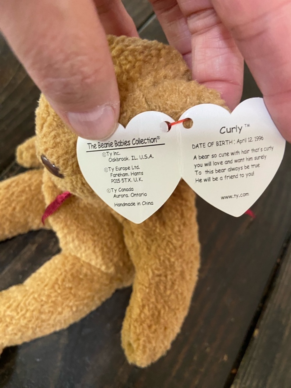Ty Beanie Baby Curly Plush Brown Teddy Bear with Red Bow - Kids Toys - Picture 3 of 5